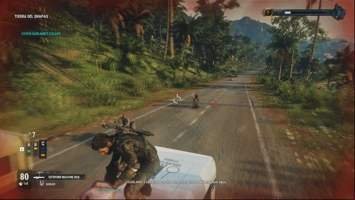 Use the grappling hook to get on the rooftop of Garlands vehicle - Garland Kings New Star | Garland Missions walkthrough for Just Cause 4 - Garland Missions - Just Cause 4 Guide