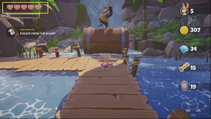 You start the game with 3 hearts - you can see their number in the upper left corner of the screen - Kao the Kangaroo: Kaos death - losing hearts and lives - Basics - Kangaroo Kao - game guide