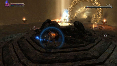 If youre having problems defeating him, you can use the platform in the middle - The Great General | Walkthrough - Walkthrough - Kingdoms of Amalur: Reckoning Game Guide & Walkthrough