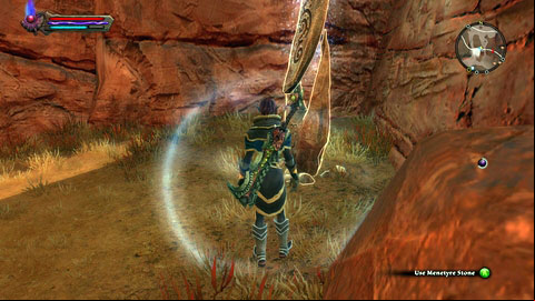 The stone stand between two high arches, at the bottom of the canyon - Menetyre | Detyre, Klurikon and Alabastra Lorestones - Lorestones - Kingdoms of Amalur: Reckoning Game Guide & Walkthrough