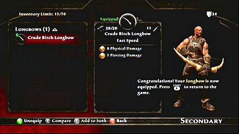 With the enemies dead, pick up the bow found beside the corpse in the south and equip it (Inventory->Weapons->Secondary) - Kingdoms of Amalur Reckoning: Well of Souls - Walkthrough - Walkthrough - Kingdoms of Amalur: Reckoning Game Guide & Walkthrough