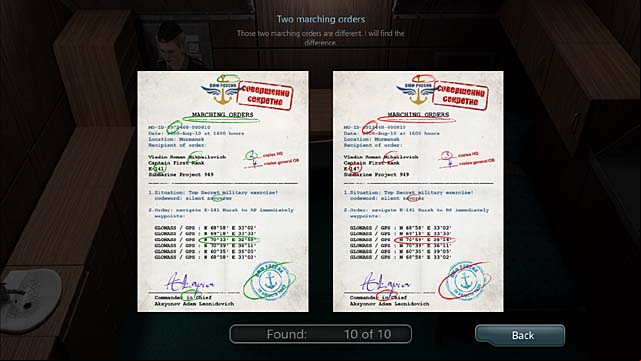 You need to find 10 differences between the orders - Chapter 4: The Kursks mission - Undercover Missions: Operation Kursk K-141 - Game Guide and Walkthrough