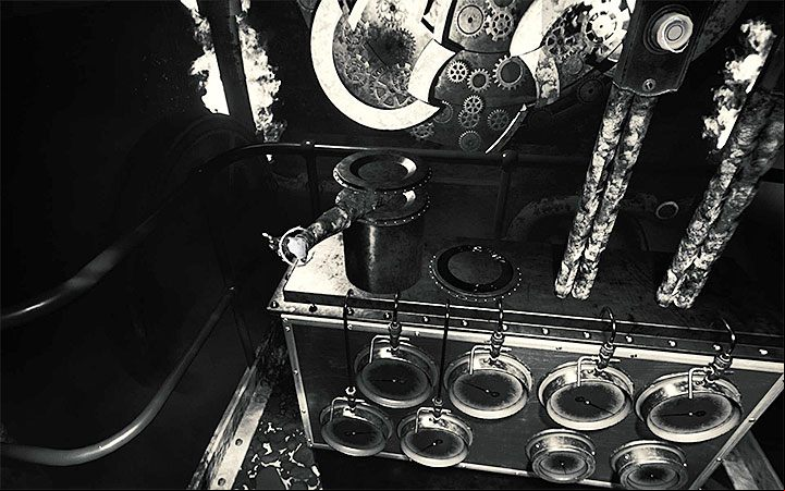 Your task is to match the gears by manipulating the three rotating mechanisms - The gears riddle | Layers of Fear 2 Riddle Solutions - Act 2 - The Hunt - Layers of Fear 2 Guide