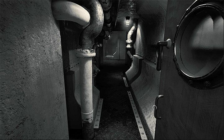 Stay cautious after you open the door with two blockades - a monster will appear in the corridor presented in the picture - Escape and projector | Layers of Fear 2 walkthrough - Act 2 - The Hunt - Layers of Fear 2 Guide