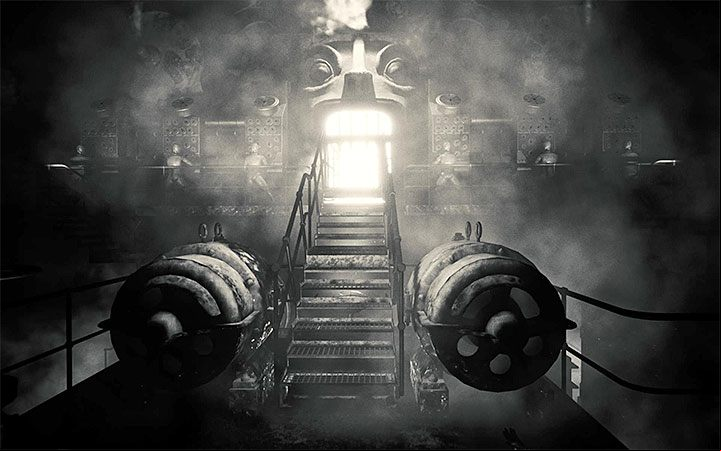 The lift will take you to a room where you have solved the clock puzzle - The area with machines and a clock | Layers of Fear 2 walkthrough - Act 2 - The Hunt - Layers of Fear 2 Guide