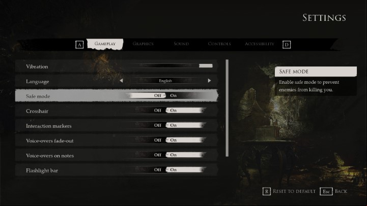 In the Settings menu, in the Gameplay tab you will find an option called Safe Mode - Can you die in Layers of Fear 2023? - FAQ - Layers of Fear 2023 Guide