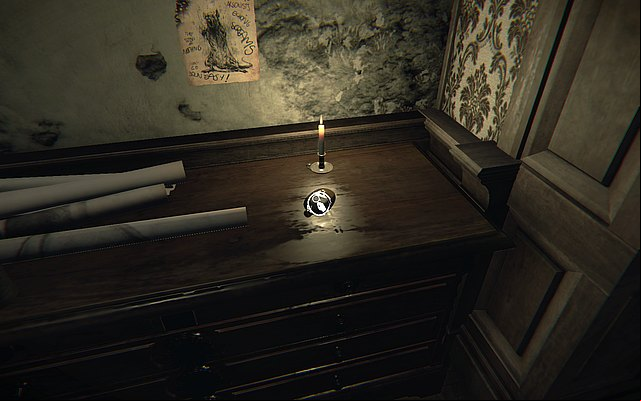 Episode 3 - in the first room with the canvas, after picking up the bottle lying on the commode - Whispered words - Secrets - Layers of Fear - Game Guide and Walkthrough
