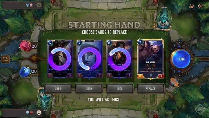 If you want to redraw one of the cards just press the Replace button - Mulligan - card selection in Legends of Runeterra - Basics - Legends of Runeterra Guide