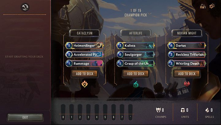 The first two stages of building a deck consist in selecting the appropriate Champions along with 2 other cards that match the specific Region - Expeditions game mode in Legends of Runeterra - Game modes - Legends of Runeterra Guide