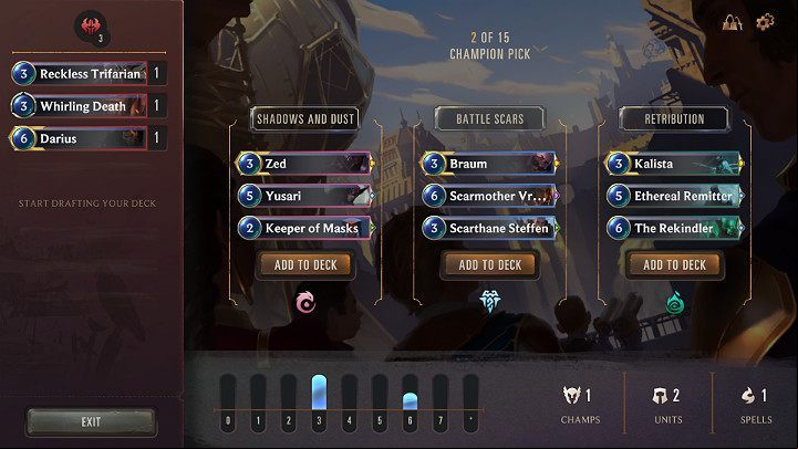 The picture above shows that Darius from the Noxus region was selected to the deck - Expeditions game mode in Legends of Runeterra - Game modes - Legends of Runeterra Guide