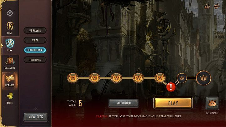 This means that you have to win the next match if you want to continue your adventure in this mode - Expeditions game mode in Legends of Runeterra - Game modes - Legends of Runeterra Guide