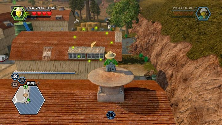Another function of the disguise is using the chicken in the hat, which works as a parachute. - The Farm | Walkthrough - Chapter 9 - LEGO City: Undercover Game Guide