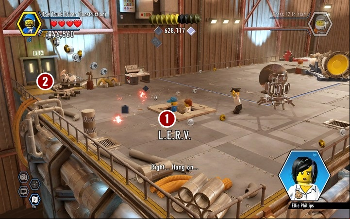 Destroy the vehicles in order to obtain a piece of shield - Secrets in the hangar | Walkthrough - Chapter 7 - LEGO City: Undercover Game Guide