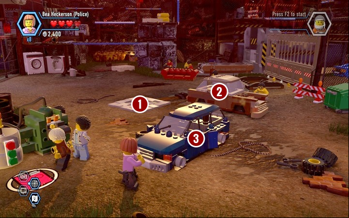 In first order you should drill the floor (1) with a workers hammer - Secrets on the scrapyard | Walkthrough - Chapter 7 - LEGO City: Undercover Game Guide
