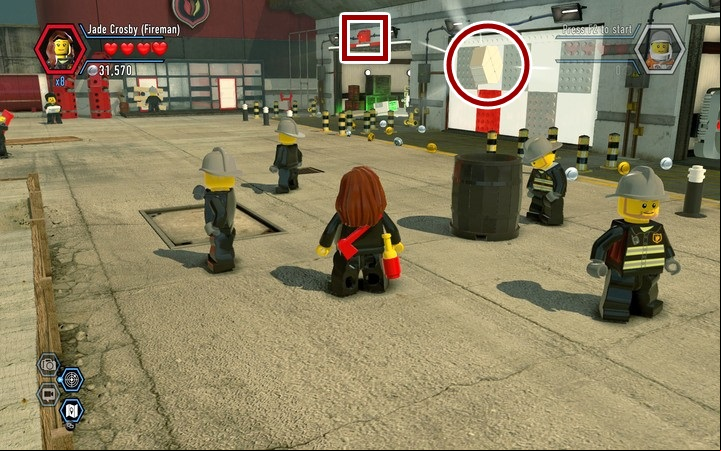 Put down the fire in the barrel and shoot down four bells - Secrets in the firefighters building | Walkthrough - Chapter 10 - LEGO City: Undercover Game Guide