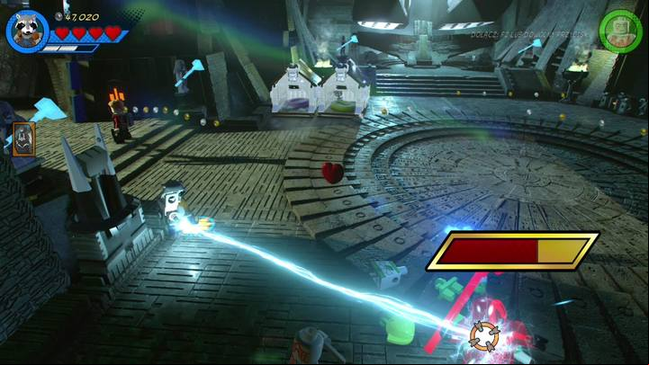 During the battle with the boss you can use Rocket Raccoon and shoot the enemy with electricity - Mission 12 - Kree-Search and Development | Walkthrough - Walkthrough - LEGO Marvel Super Heroes 2 Game Guide