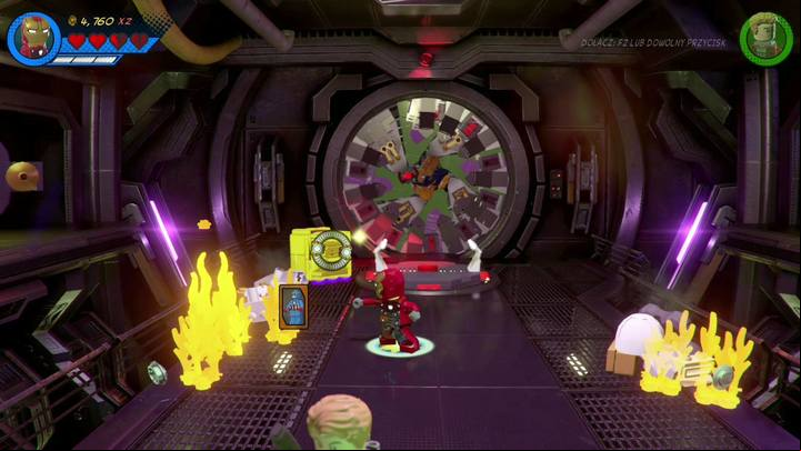 First destroy the golden container on the left side as Iron Man - Mission 19 - On Board the Sword | Walkthrough - Walkthrough - LEGO Marvel Super Heroes 2 Game Guide