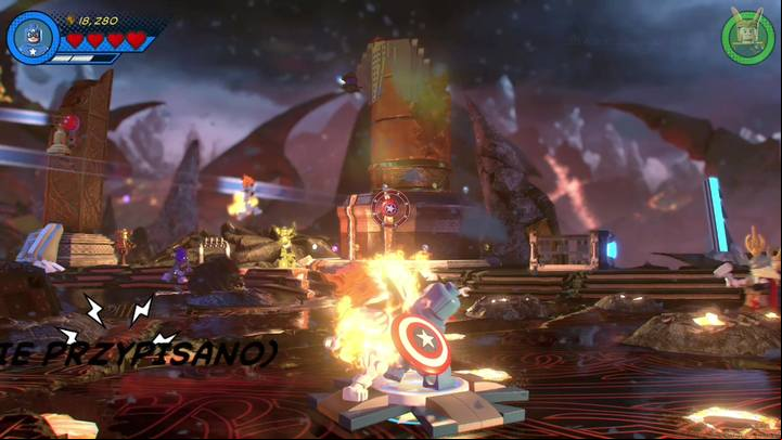 As soon as you avoid his attacks, switch to Captain America and approach the platform presented in the picture - Mission 7 - Surtur-n Doom | Walkthrough - Walkthrough - LEGO Marvel Super Heroes 2 Game Guide