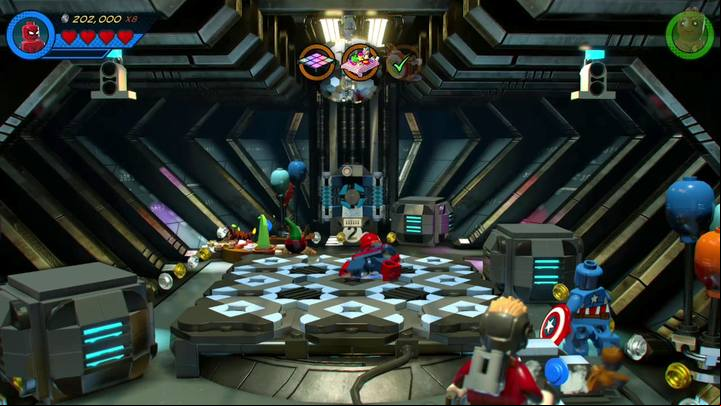 Go down (the elevator is in the last room) and switch to Groot - Mission 9 - Dance Off, Bro | Gwenpools missions (the pink bricks) - Gwenpools missions - LEGO Marvel Super Heroes 2 Game Guide