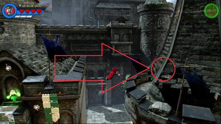 Another Minikit is on the castle wall, right behind the tower presented in the screenshot - Mission 3 - Castle Hassle | Mission secrets - Mission secrets - LEGO Marvel Super Heroes 2 Game Guide