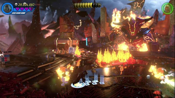 Destroy the first statue and you should notice a puzzle on the ground - Mission 7 - Surtur-n Doom | Mission secrets - Mission secrets - LEGO Marvel Super Heroes 2 Game Guide