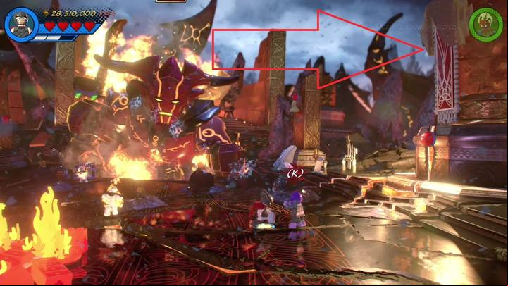Minikit #9 is located on the surface (check the red arrow in the picture) - Mission 7 - Surtur-n Doom | Mission secrets - Mission secrets - LEGO Marvel Super Heroes 2 Game Guide