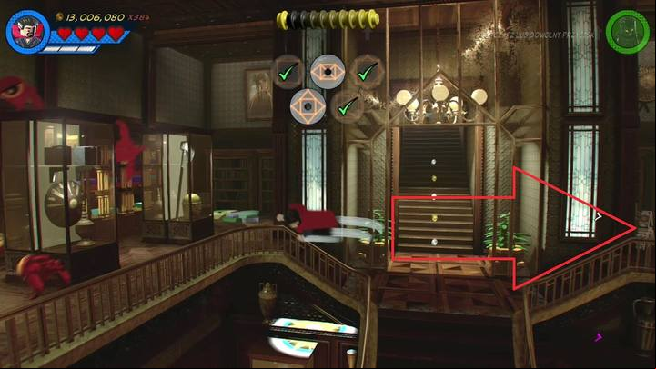 The third card tower is on the balcony, right from the stairs - Mission 8 - Rune to Maneuver | Mission secrets - Mission secrets - LEGO Marvel Super Heroes 2 Game Guide