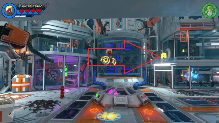 The fifth minikit is in the second part of the room, in the place shown on the picture - Mission 11 - Symbiote surprise | Mission secrets - Mission secrets - LEGO Marvel Super Heroes 2 Game Guide