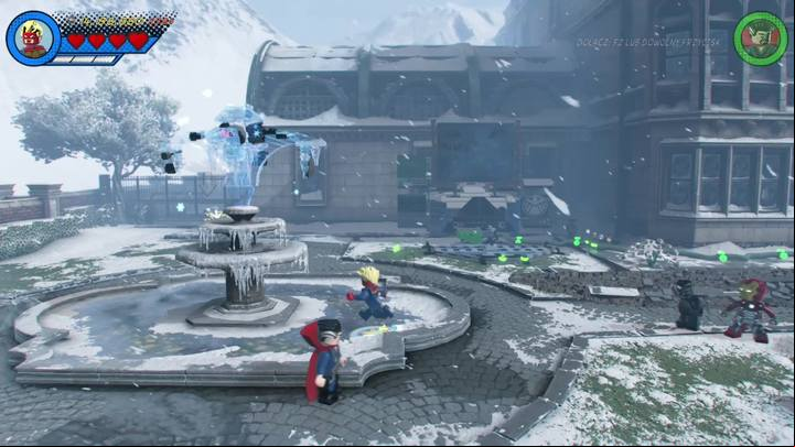 Go to the fountain and use Iron Mans lasers to melt the ice above - Mission 18 - The Road to Knowhere | Mission secrets - Mission secrets - LEGO Marvel Super Heroes 2 Game Guide