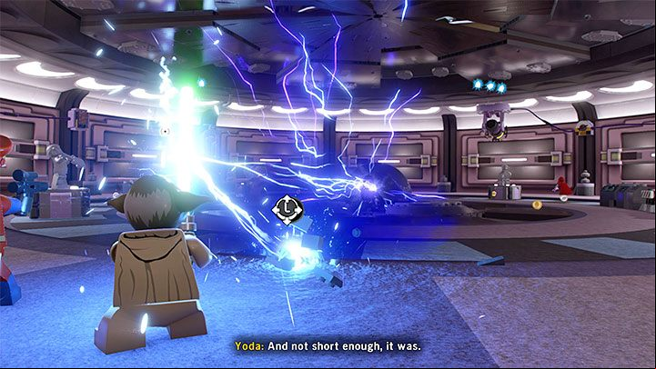 At the very beginning of the battle with the boss Darth Sidious, you have to defend yourself against the lightning attack while playing as Yoda - LEGO Skywalker Saga: Darth Sidious (Emperor Palpatine) - boss, how to beat? - Bosses - LEGO Skywalker Saga Guide