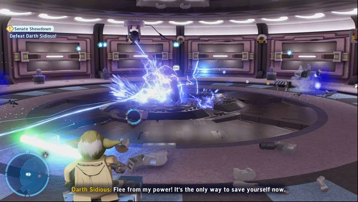 Palpatine will keep trying to use Force Lightning throughout the fight - LEGO Skywalker Saga: Darth Sidious (Emperor Palpatine) - boss, how to beat? - Bosses - LEGO Skywalker Saga Guide
