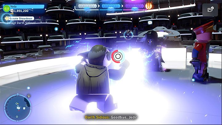 Eventually he'll pull you into yet another QTE, identical to the previous one - rhytmically press the displayed button to struggle against Sidious and finish the fight - LEGO Skywalker Saga: Darth Sidious (Emperor Palpatine) - boss, how to beat? - Bosses - LEGO Skywalker Saga Guide
