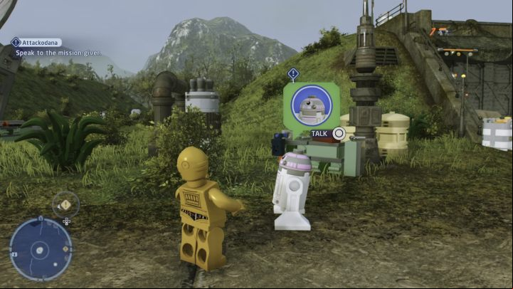 While controlling the protocol droid, accept the quest from the quest giver on D'Qar - LEGO Skywalker Saga: Attackodana - walkthrough - DQar resistance base - LEGO Skywalker Saga Guide