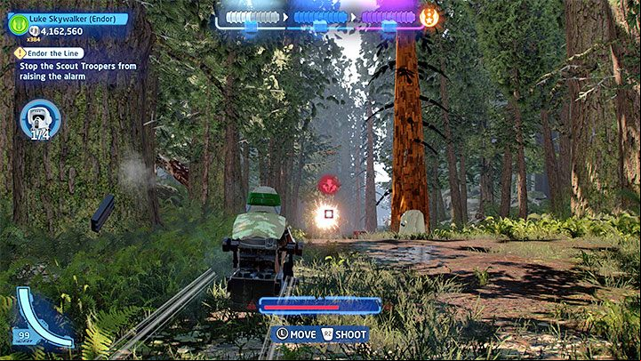 Once you're done with them, jump on one of the Speeder Bikes to start the forest chase sequence - LEGO Skywalker Saga: Endor the Line - walkthrough - Episode 6 - Return of the Jedi - LEGO Skywalker Saga Guide