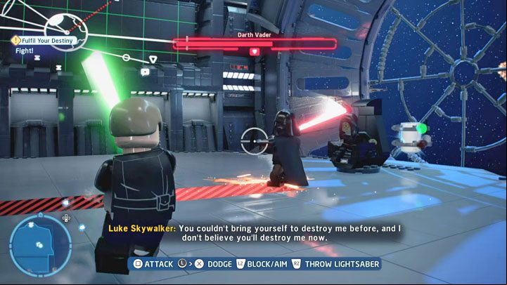 At the start of the battle you must overpower Vader by quickly mashing the displayed button - LEGO Skywalker Saga: Darth Vader & Emperor Palpatine - boss, how to beat? - Bosses - LEGO Skywalker Saga Guide