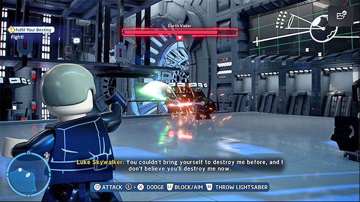 The boss is vulnerable to lightsaber throws, which let you hit him from a safe distance - LEGO Skywalker Saga: Darth Vader & Emperor Palpatine - boss, how to beat? - Bosses - LEGO Skywalker Saga Guide