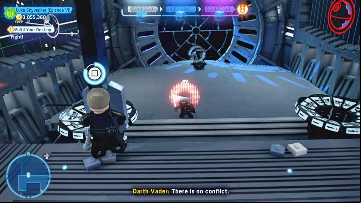 Depleting his first health bar will move the fight to an upper platform - LEGO Skywalker Saga: Darth Vader & Emperor Palpatine - boss, how to beat? - Bosses - LEGO Skywalker Saga Guide