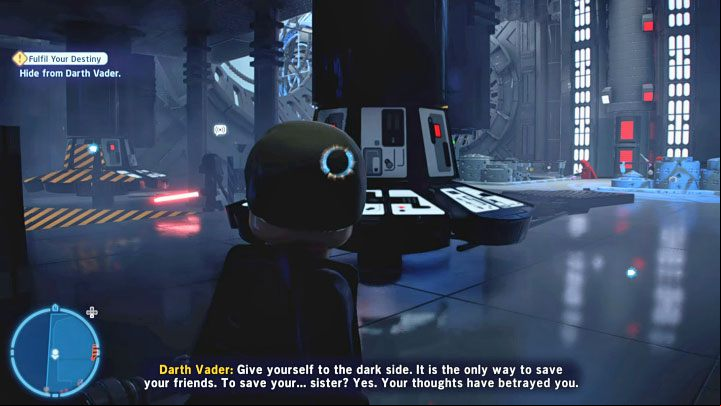 After the QTEs you'll find yourself in a dark area you must leave without letting Vader see you - stay far away from his visibility cone - LEGO Skywalker Saga: Darth Vader & Emperor Palpatine - boss, how to beat? - Bosses - LEGO Skywalker Saga Guide