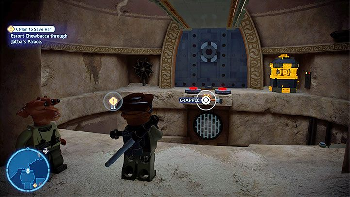 In the next area, pull yourself to the hook visible in the distance and destroy the golden object on the right - LEGO Skywalker Saga: A Plan to Save Han - walkthrough - Episode 6 - Return of the Jedi - LEGO Skywalker Saga Guide