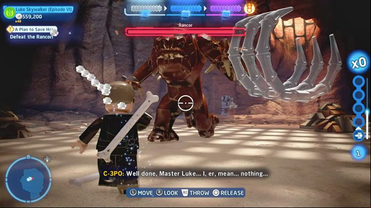 Consider using the Force to attack Rancor - pick up some nearby objects and throw them at the boss - LEGO Skywalker Saga: A Plan to Save Han - walkthrough - Episode 6 - Return of the Jedi - LEGO Skywalker Saga Guide