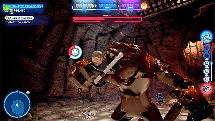 The unique feature of this boss fight is that Rancor can catch heroes, who can't prevent it - LEGO Skywalker Saga: A Plan to Save Han - walkthrough - Episode 6 - Return of the Jedi - LEGO Skywalker Saga Guide