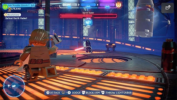 The best way to weaken the boss is to throw the lightsaber (note - in the first phase of the fight, there may be an aiming bug, meaning you would have to use the regular attacks) - LEGO Skywalker Saga: Darth Vader - boss, how to beat? - Bosses - LEGO Skywalker Saga Guide