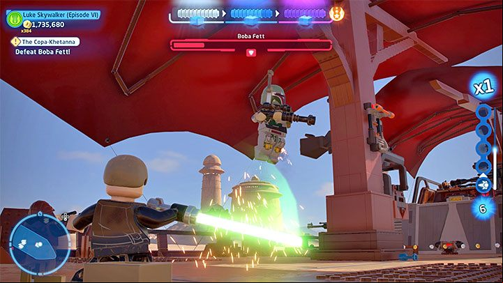 This stage consists of several parts, and at the beginning you will face a boss fight with Boba Fett - LEGO Skywalker Saga: The Copa-Khetanna - walkthrough - Episode 6 - Return of the Jedi - LEGO Skywalker Saga Guide