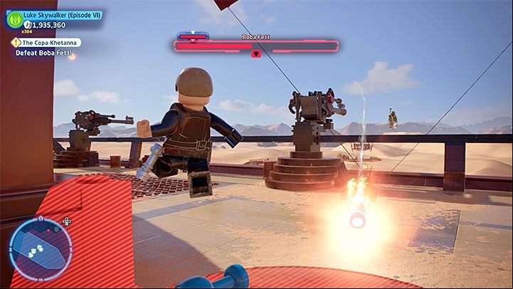 In the second part of the duel, Boba Fett will start flying around the barge - LEGO Skywalker Saga: The Copa-Khetanna - walkthrough - Episode 6 - Return of the Jedi - LEGO Skywalker Saga Guide