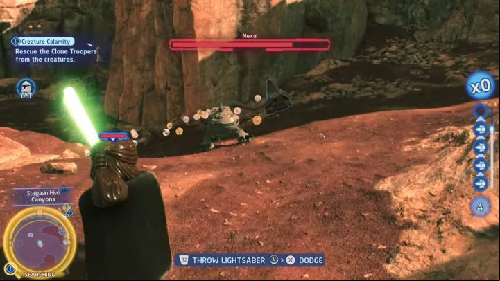 Follow the marker into the canyon to face the first creature - Nexu - LEGO Skywalker Saga: Creature Calamity - walkthrough - Geonosis - UI Stalgasin - LEGO Skywalker Saga Guide