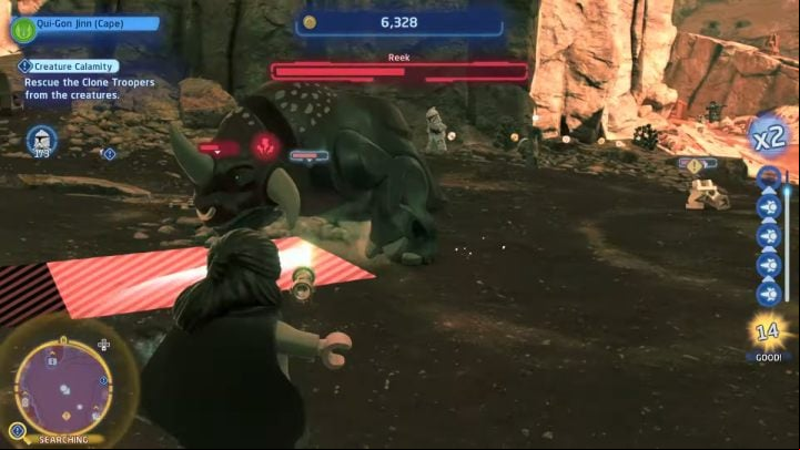 Head to the next marker near the landing area, where you'll face Reek - LEGO Skywalker Saga: Creature Calamity - walkthrough - Geonosis - UI Stalgasin - LEGO Skywalker Saga Guide