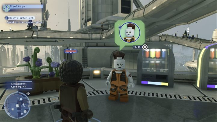 As the Bounty Hunter, talk to the quest giver and accept the quest - LEGO Skywalker Saga: Bounty Hunter Hunt - walkthrough - Coruscant - federal district - LEGO Skywalker Saga Guide