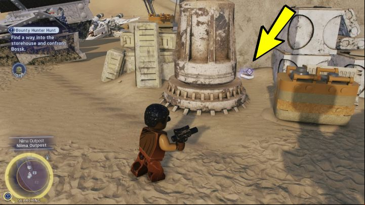 You will find the warehouse entry card at the wall of the house - LEGO Skywalker Saga: Bounty Hunter Hunt - walkthrough - Coruscant - federal district - LEGO Skywalker Saga Guide
