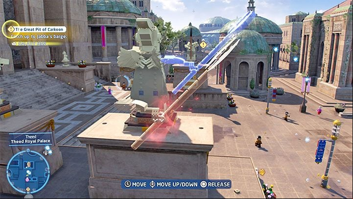 After leaving the building, you should notice bouncing bricks (picture 1) - LEGO Skywalker Saga: Theed - a list of all puzzles (part 2) - Naboo - LEGO Skywalker Saga Guide