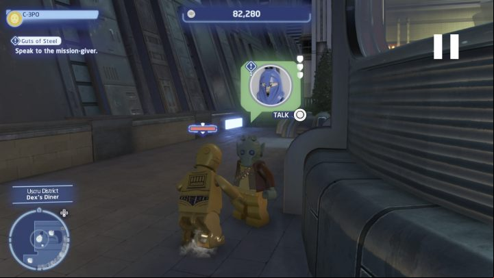 As a Protocol Droid, talk to the NPC and accept the task - LEGO Skywalker Saga: Guts of Steel - walkthrough - Coruscant - Uscru district - LEGO Skywalker Saga Guide